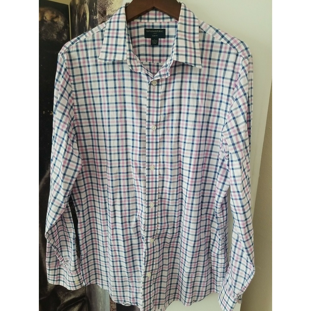 BANANA REPUBLIC Men's Slim Fit Plaid Purple Blue Long Sleeve Button Down Shirt L